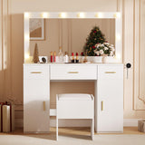 Garvee Vanity Desk with Mirror and Lights, Large Makeup Vanity Table with Power Outlet and Stool, White, Adjustable Brightness, Bedroom Dressing Room