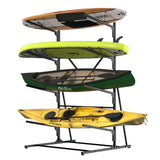 Garvee Kayak Storage Rack 4-Tier Freestanding Heavy-Duty Metal Adjustable Vertical Rack with Paddle Hooks for Canoe Surfboard Paddleboard Skis - Black