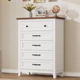 Garvee 5 Dresser for Bedroom, 41.3 in Tall Vertical Drawer Dresser with Large Storage, White + Brown, Wooden Closet Chest - White + Brown