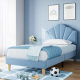 Garvee Twin Blue Bed Frame with Velvet Upholstered Adjustable Headboard, Strong Wood Slat Support, Noise-Free, 77.2x40.7x46.1 in