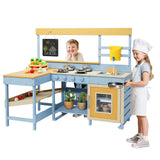 Garvee 2 in 1 Outdoor Wood Mud Kitchen for Kids with Picnic Table, Removable Sink & Faucet, Chalkboard, Storage Shelves, Toddler Playset Ages 3+, Natural Wood Color