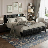 Garvee Full Size Bed Frame with Charging Station, All-Metal Platform Bed, Faux Leather Headboard, Black, Queen