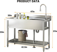 Garvee Évier utilitaire en acier inoxydable 47"L x 20"P x 37"H - Évier simple sur pied avec robinet d'eau chaude et froide pour cuisine, buanderie, restaurant, garage, jardin