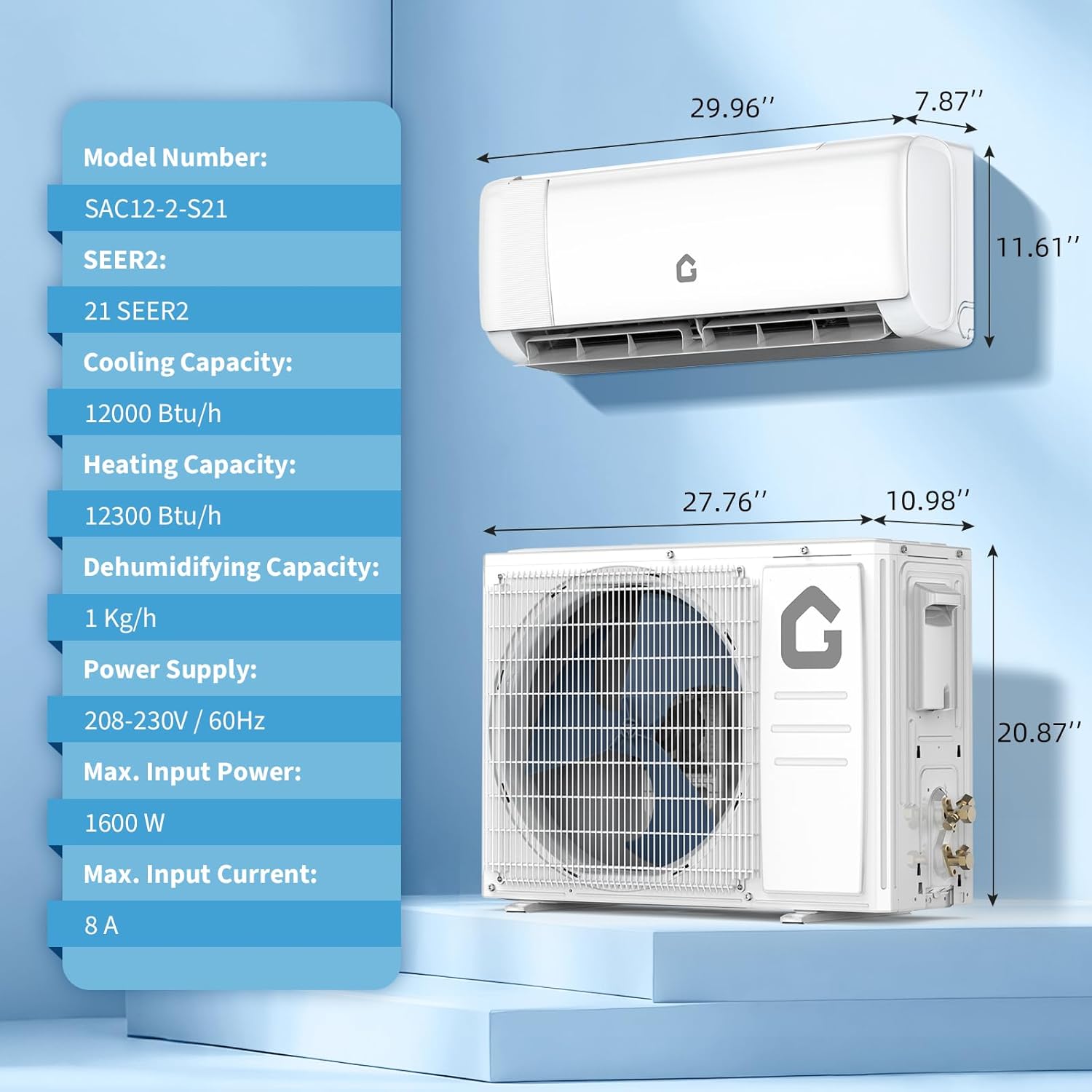 Garvee 12000 BTU Mini Split Air Conditioner & Heater – 21 SEER2 Inverter, Ductless Wall-Mounted, 230V, R32, WiFi & Remote, High-Speed, ECO, Dehumidification, 24H Timer