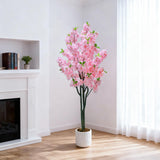 Garvee Artificial Cherry Blossom Tree 150cm - Realistic PVC & Textile - Pink Flowers, White Pot - Indoor Outdoor Decor - 150Cm Double Pole Cherry Blossom Tree White Explosion-Proof Pot
