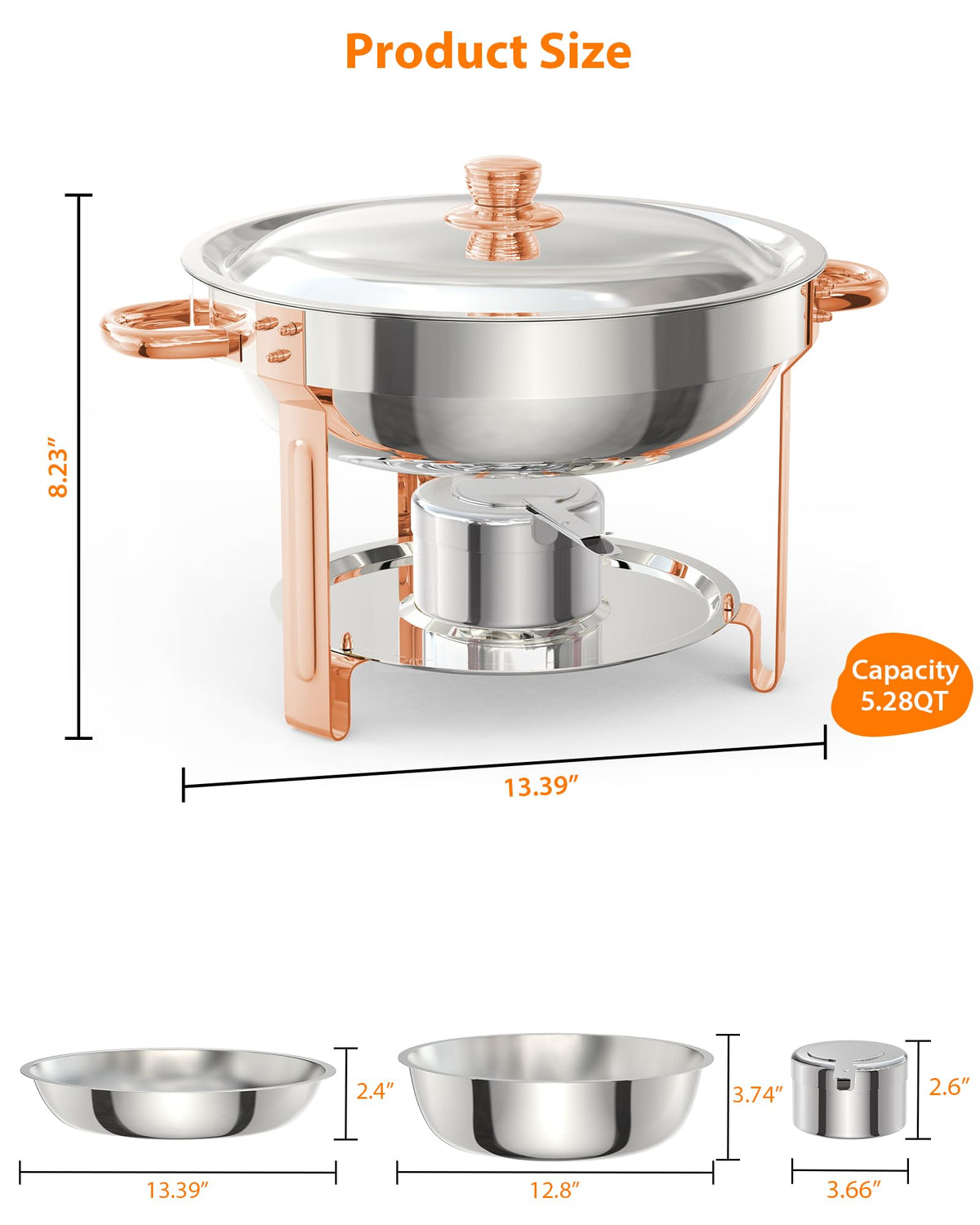 Garvee 5QT Round Chafing Dish Buffet Set (6 Pack) - Rose Gold Stainless Steel Food Warmers with Lid Holder, Spoon, and Tweezers, Perfect for Parties, Weddings, Events, and Banquets