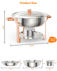Garvee 5QT Round Chafing Dish Buffet Set (6 Pack) - Rose Gold Stainless Steel Food Warmers with Lid Holder, Spoon, and Tweezers, Perfect for Parties, Weddings, Events, and Banquets