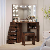 Garvee Corner Vanity and Stool with Mirror and Lights, Power Outlet, Adjustable Lighting, Dark Brown, Makeup Vanity for Girls