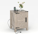 Garvee Rustic Farmhouse Nightstand with Charging Station, Barn Door, Adjustable Storage Shelf, 18" Wooden Bedside Table, Modern Two-Tier Nightstand for Bedroom