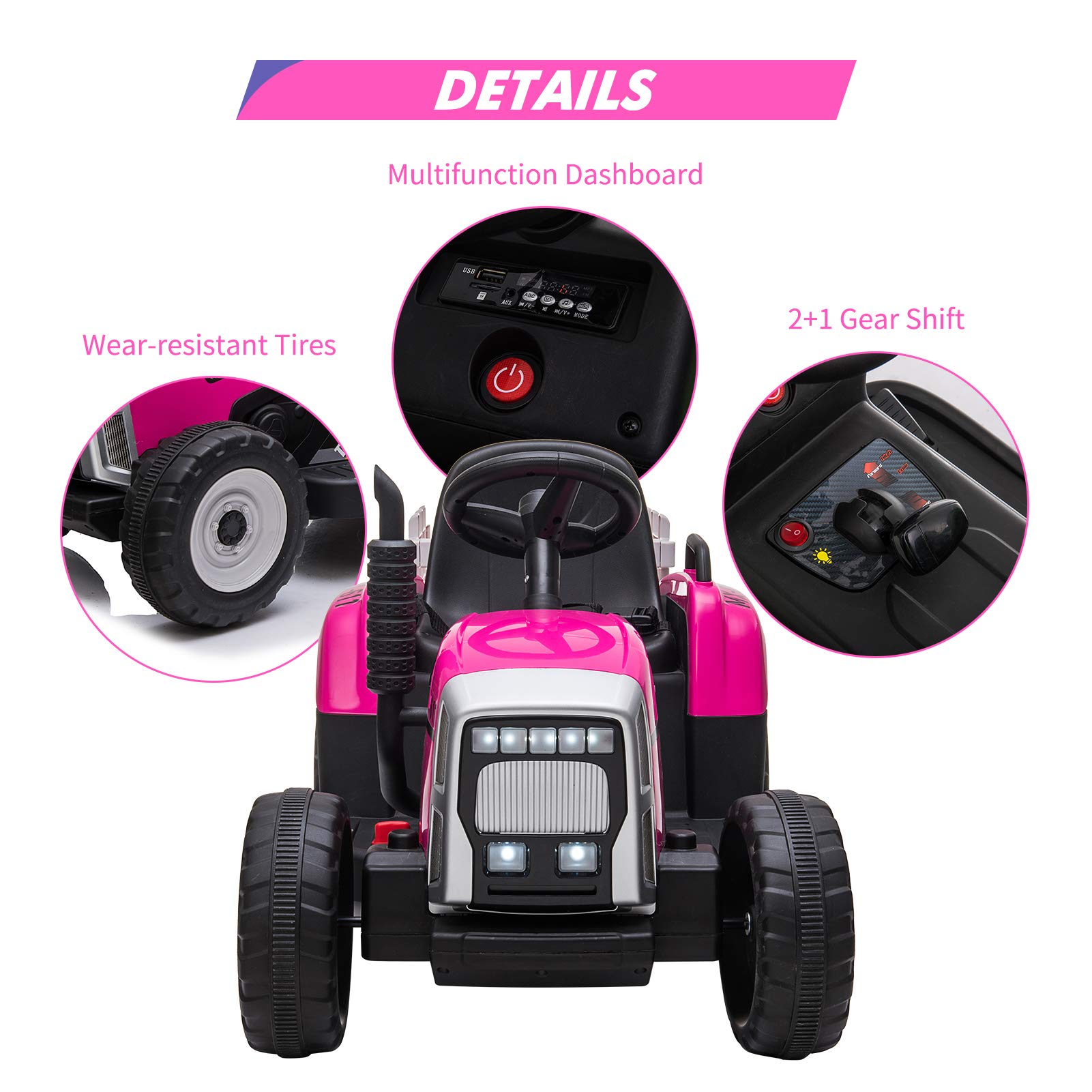 Garvee Ride - P Series: 12V Electric Tractor & Trailer for Kids, 3-6 Yrs - With RC - Rose / 25W