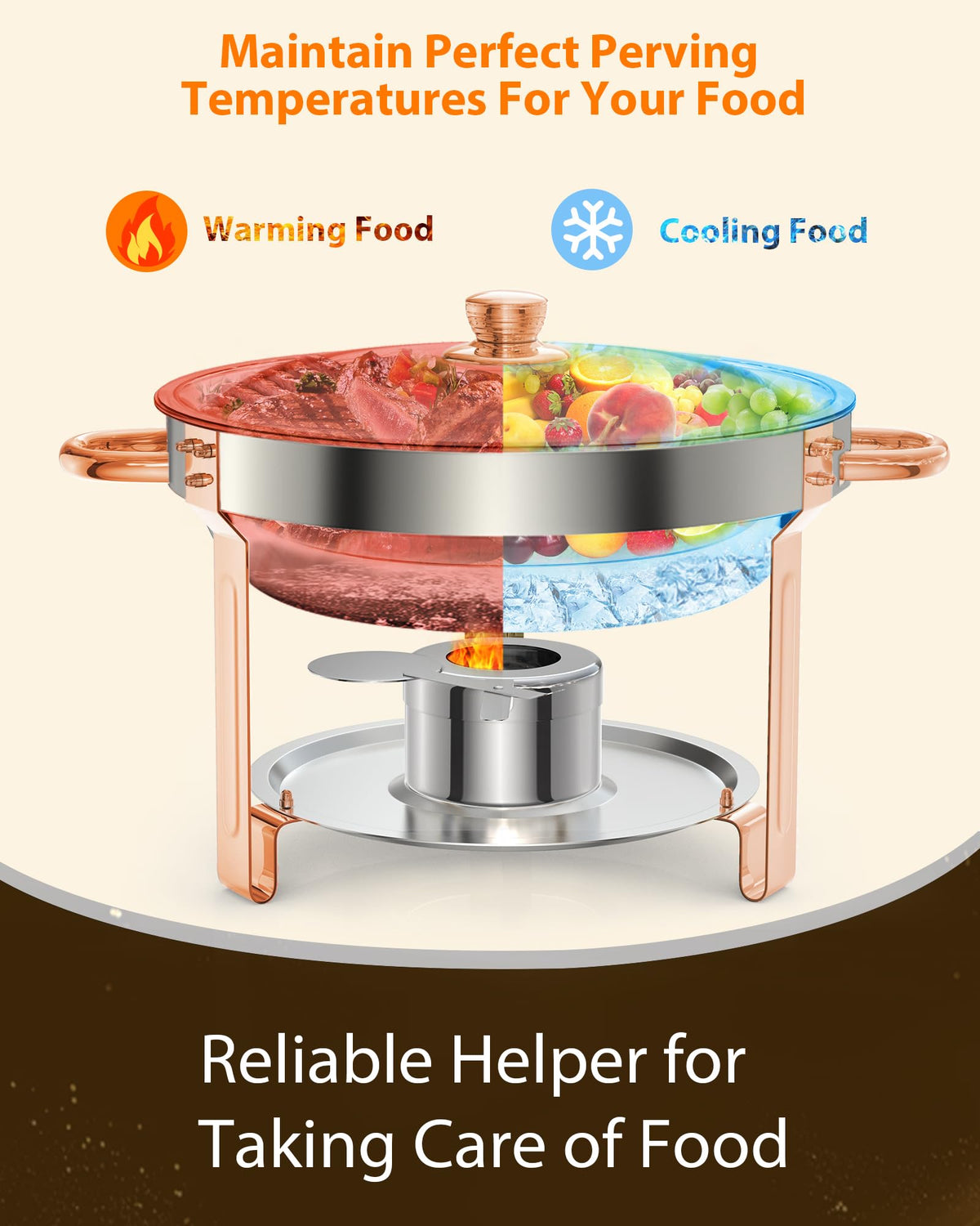 Garvee 5QT Round Chafing Dish Buffet Set (6 Pack) - Rose Gold Stainless Steel Food Warmers with Lid Holder, Spoon, and Tweezers, Perfect for Parties, Weddings, Events, and Banquets