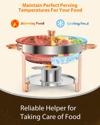 Garvee 5QT Round Chafing Dish Buffet Set (6 Pack) - Rose Gold Stainless Steel Food Warmers with Lid Holder, Spoon, and Tweezers, Perfect for Parties, Weddings, Events, and Banquets