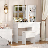 Garvee Makeup Vanity Desk with Lighted Mirror, Dressing Table Set with 4 Drawers, Power Outlet, Storage Stool for Bedroom, White