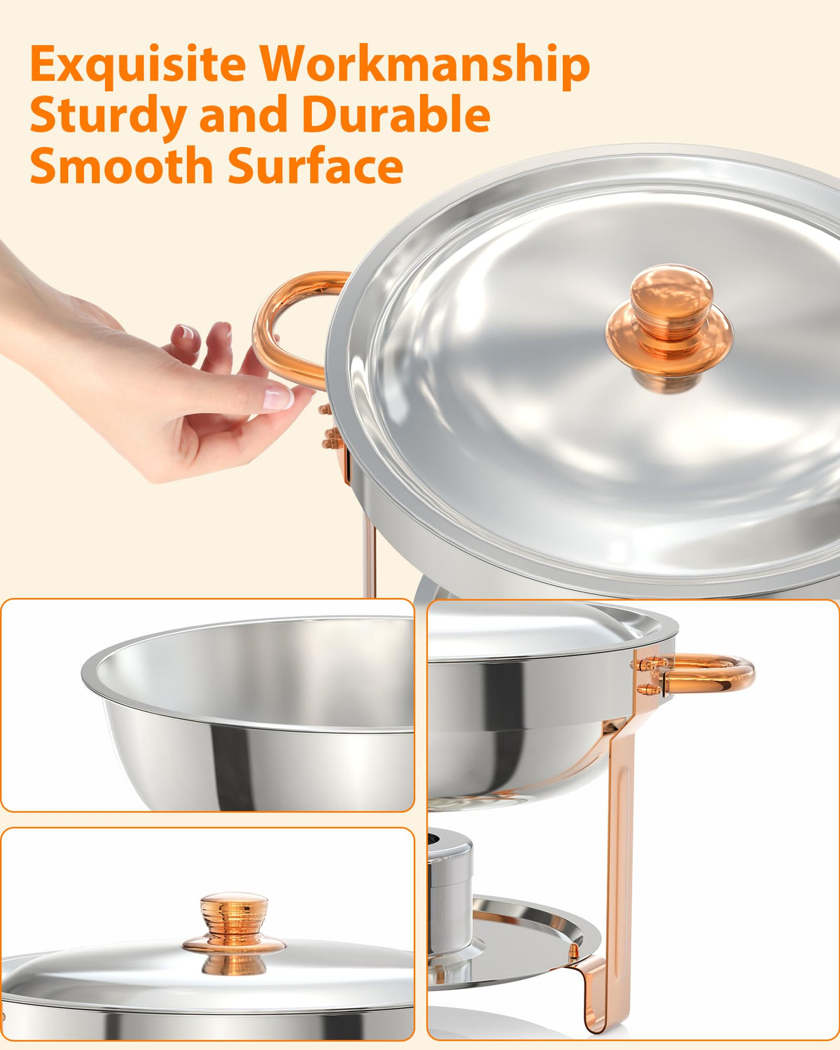 Garvee 5QT Round Chafing Dish Buffet Set (6 Pack) - Rose Gold Stainless Steel Food Warmers with Lid Holder, Spoon, and Tweezers, Perfect for Parties, Weddings, Events, and Banquets