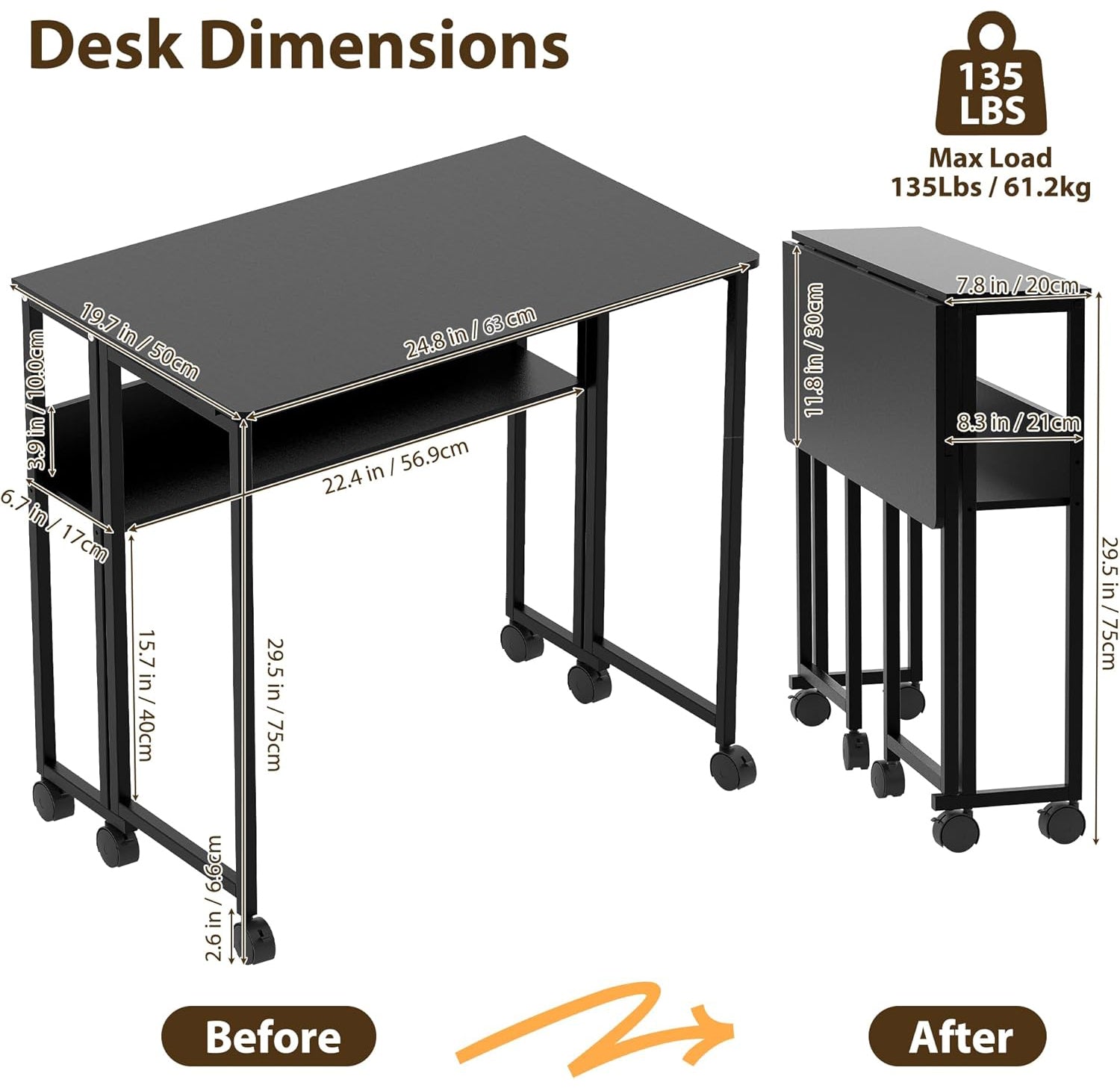Garvee Folding Desk Small Rolling Desk with Storage Shelf for Home Office and Study, 24.8 Inch, Black, Space-Saving Foldable Computer Table