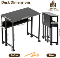 Garvee Folding Desk Small Rolling Desk with Storage Shelf for Home Office and Study, 24.8 Inch, Black, Space-Saving Foldable Computer Table