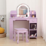 Garvee Kids Vanity with Lighted Mirror & Stool for Girls 3-9, Purple, Adjustable LED Light, Bookshelf, Storage Drawer & Shelves - Purple