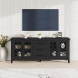 Garvee Farmhouse TV Stand with Glass Door for 70 Inch TV, Mid Century Modern Entertainment Center, Black, 63.1"L x 15.8"W x 26.8"H - Black