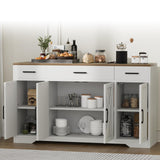 Garvee Buffet Cabinet With 4 Doors Adjustable Shelves Drawers Modern Farmhouse 55" Large Sideboard Table Storage Cabinet Rustic Dual-Tone Black Handles - White Wood Color