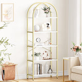 Garvee Arched Bookshelf 5-Tier Open Shelves MDF & Metal Frame Curved Top Adjustable Feet Home Office Display Rack - Gold Iron Frame + White Marble Veneer