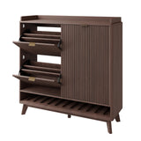Garvee Black Walnut MDF Fluted Shoe Cabinet, Large Entryway Organizer with 2 Flip Drawers and Sliding Door, Adjustable Shelves, Bottom Open Rack, Raised Legs, 47.2"WX15.8"DX48"H Freestanding Footwear Storage for Hallway, Bedroom and Closet - Black Walnut