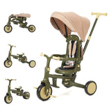 Garvee 7-in-1 Collapsible Toddler Tricycle With 360° Rotatable Seat, Adjustable Parent Push Handle, Removable Canopy, Safety Harness, Army Green - Army Green