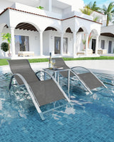 Garvee Patio Chaise Lounge Set of 3, Outdoor Reclining Pool Chairs with Side Tables & Cup Holders, Grey, All-Weather Wicker, Waterproof Cushions - Grey