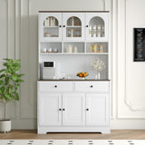 Garvee Kitchen Pantry Cabinet with Open Storage Shelves, 71" Tall, Frosted Glass, Black Handles, Farmhouse Style