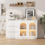 Garvee Coffee Bar Cabinet 48 in Buffet Storage Sideboard with 3 Drawers Glass Doors 3 Color LED Lights White Modern Kitchen Dining Room