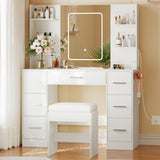 Garvee Makeup Vanity with Mirror and Chair, Power Outlet, Hairdryer Holder, 7 Drawers, Adjustable LED Lighting for Bedroom, White - White
