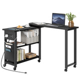 Garvee Rotating Side Table with Charging Station and Extra Storage Bag, Movable End Table for Bedroom and Living Room, 6 Brake Wheels, Industrial Style, Black