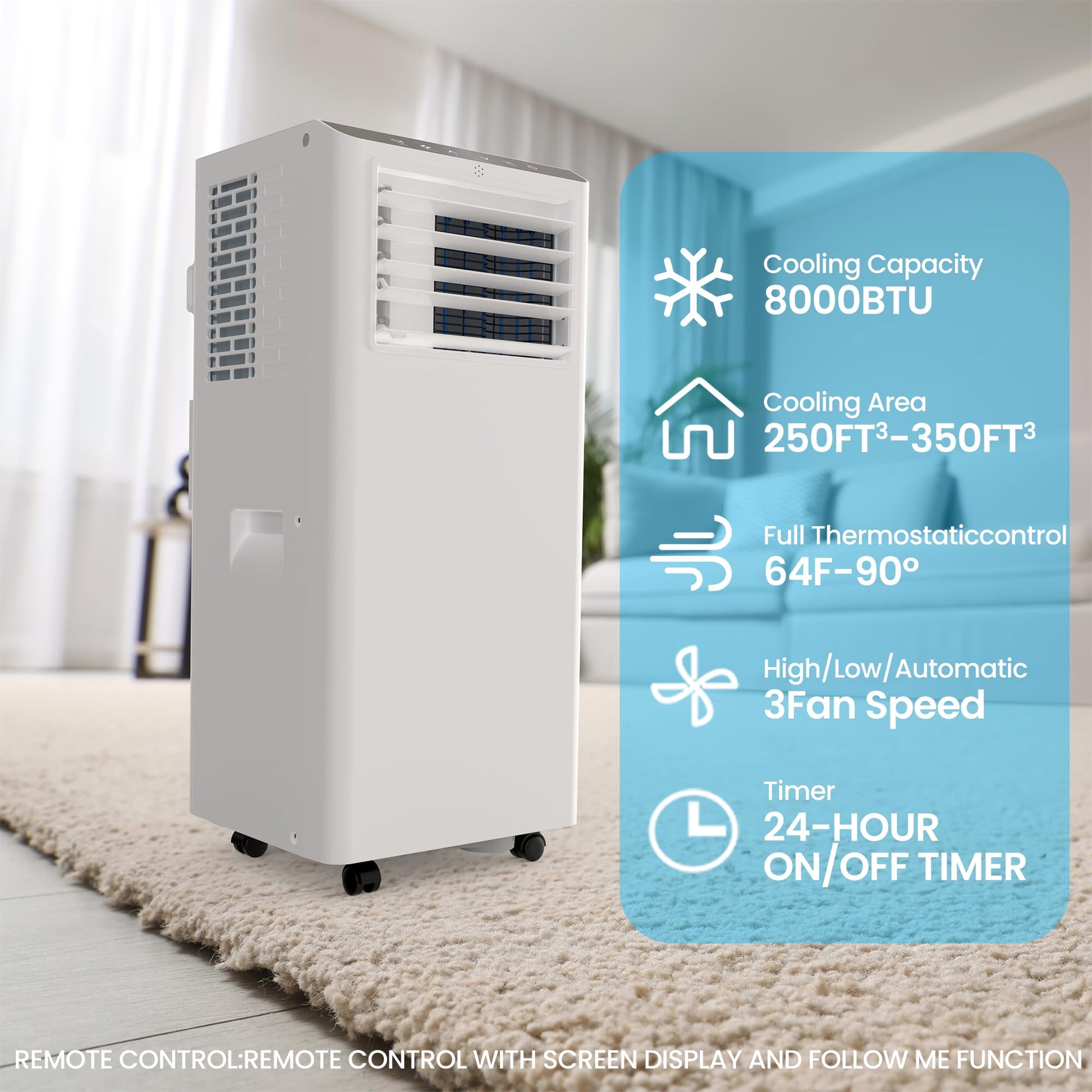 Garvee 8,000 BTU Portable Air Conditioners, Portable AC Unit for Room up to 350 sq.ft, Standing Air Conditioner with Cool, Dehumidifier & Fan Modes Remote Control, 24H Timer, Sleep Mode, Installation Kit