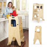 Garvee Children's Wooden Kitchen Step Stool Set Adjustable Height Safety Rail Anti-Slip Design Chalkboard Durable Wood for Kitchen Bathroom