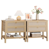 Garvee Large Rattan Night Stand Set of 2, Boho Woven Bedside Tables with Drawers, Light Oak for Bedroom Living Room, 26.8in x 15.6in x 25.5in