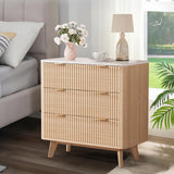 Garvee 32" Width Fluted Nightstand With Faux Marble Top, 3 Drawer Bedside Table For Bedroom, Living Room, Entryway, Natural Oak, White - Oak