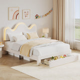Garvee Queen LED Bed Frame Adjustable Wavy Headboard Storage Drawer Kids Lamb Fleece White - White