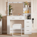Garvee Makeup Vanity with Lights and Mirror, 41" Vanity Desk with Stool and Outlets, White, Modern Bedroom Vanity