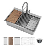 Garvee Drop In Kitchen Sink With Pull Down Spring Faucet, 33x22x9 Inch Stainless Steel Single Bowl Workstation Sink, Silver, Kitchen Accessories Included