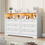 Garvee 6 Drawer Dresser with RGB LED Lights & Power Outlet, Modern Wood Dresser TV Stand for Bedroom, Living Room, Closet, Hallway, White - White