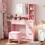 Garvee Makeup Vanity Set with LED Mirror, Storage, Stool, Pink, Wooden Dressing Table for Beauty Routine