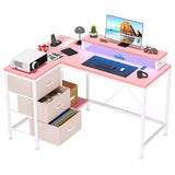 Garvee L-Shaped Desk with Power Outlets and LED Lights, Computer Desk with Drawers and Shelves for Home Office or Gaming, Multi-Color LED, Spacious Storage - Pink