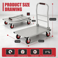 Garvee Heavy-Duty Flatbed Platform Truck Cart - 2000 lb Capacity, 36 x 24 in Steel Deck, Collapsible Handle, 6 in Swivel Polyurethane Casters w/ Brakes - Shop/Warehouse - Silver + Orange Wheels