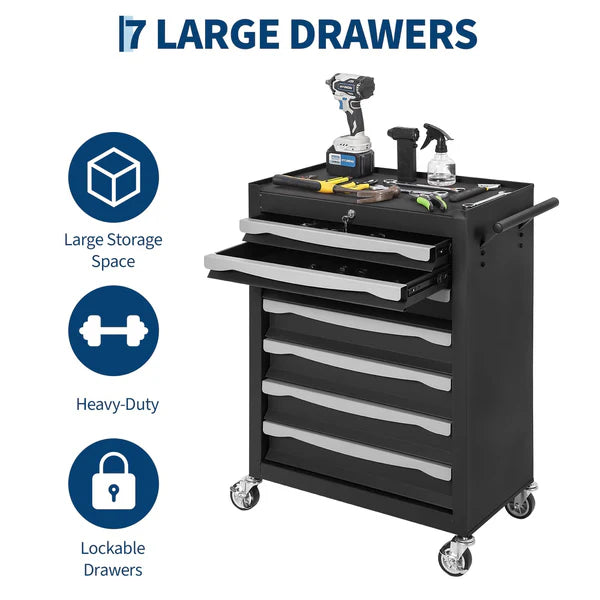 Garvee 7-Drawer Tool Chest Rolling Tool Cart with Wheels Large Capacity Tool Storage Cabinet Keyed Locking for Garage Workshop Warehouse Black Red Blue