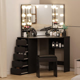 Garvee Corner Vanity Desk and Bench Makeup Vanity Table with 3-Folding Lighted Mirrors Charging Station 5 Drawers Bedroom Elegant White