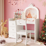 Garvee Kids Vanity Desk with Mirror and Lights, White Princess Wooden Makeup Vanity with Chair, Storage Shelves and Drawers, 2-in-1 Girls Dressing Table - White