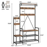 Garvee Vintage Hall Tree with Bench and Shoe Storage, Parent-Child Entryway Organizer, Particle Board and Metal Frame Coat Rack with Hooks, Hanging Bar, Storage Cubbies, Top Shelf and Shoe Rack for Hallway and Mudroom - Vintage