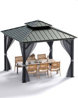 Garvee 10 ft x 10 ft Hardtop Gazebo with Metal Double Roof, Aluminum Alloy Frame, Net, and Curtain for Patio, Deck, Backyard, Lawn, Garden, Gray - Black Spray + Gray Cloth Black Mesh