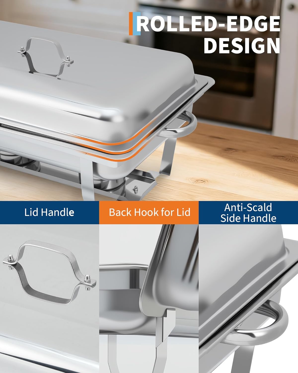 Garvee Chafing Dishes for Buffet 4 Pack, 8 Qt Stainless Steel Chafers with 6 Food Pans, Catering Wedding Party, Silver