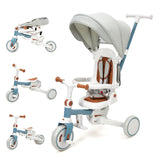 Garvee 7-in-1 Collapsible Toddler Tricycle with 360° Rotating Seat, Adjustable Push Handle, Removable Canopy, Aluminum Frame, Blue - Blue