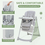 Garvee Foldable High Chair for Babies & Toddlers, PU Leather, Adjustable Backrest, Footrest, Seat Height, Removable Tray, Light Grey - Light Grey
